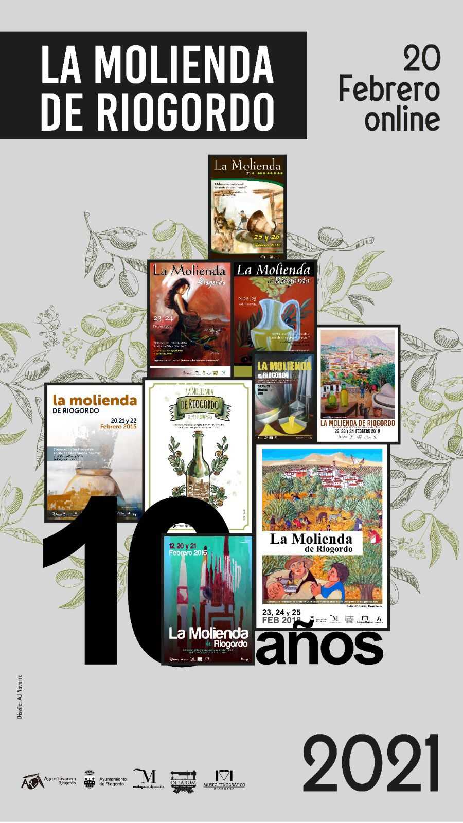 A poster celebrating the 10th anniversary of "La Molienda de Riogordo" with various event posters and details.