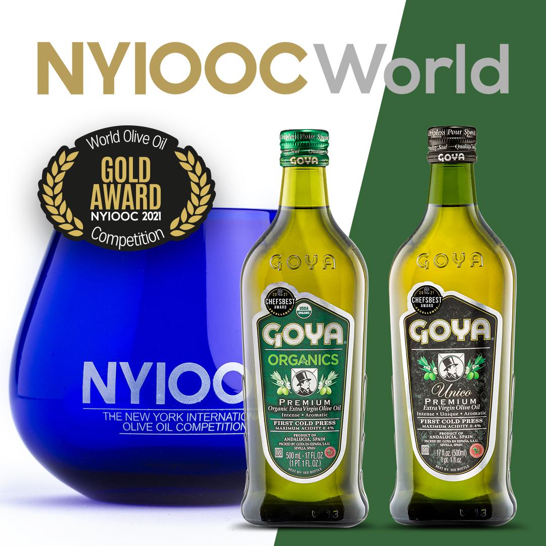 Goya olive oil bottles beside a blue award trophy labeled "NYIOOC World Gold Award 2021."