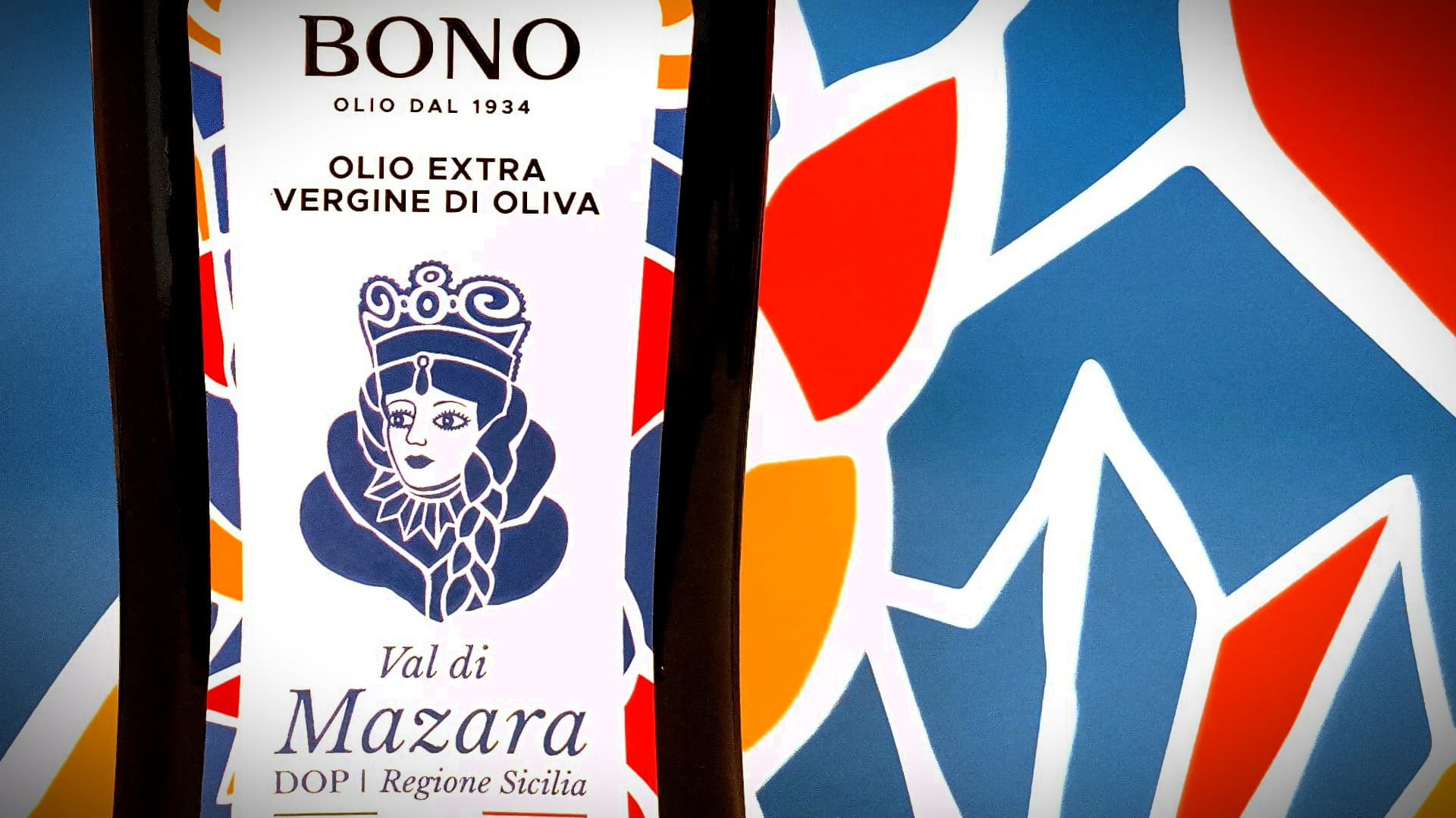 Bono extra virgin olive oil bottle featuring a colorful label with a crowned woman illustration.