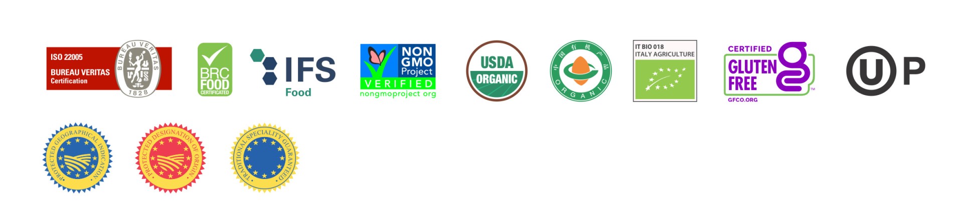 Various food certification and quality assurance logos displayed in a horizontal row.
