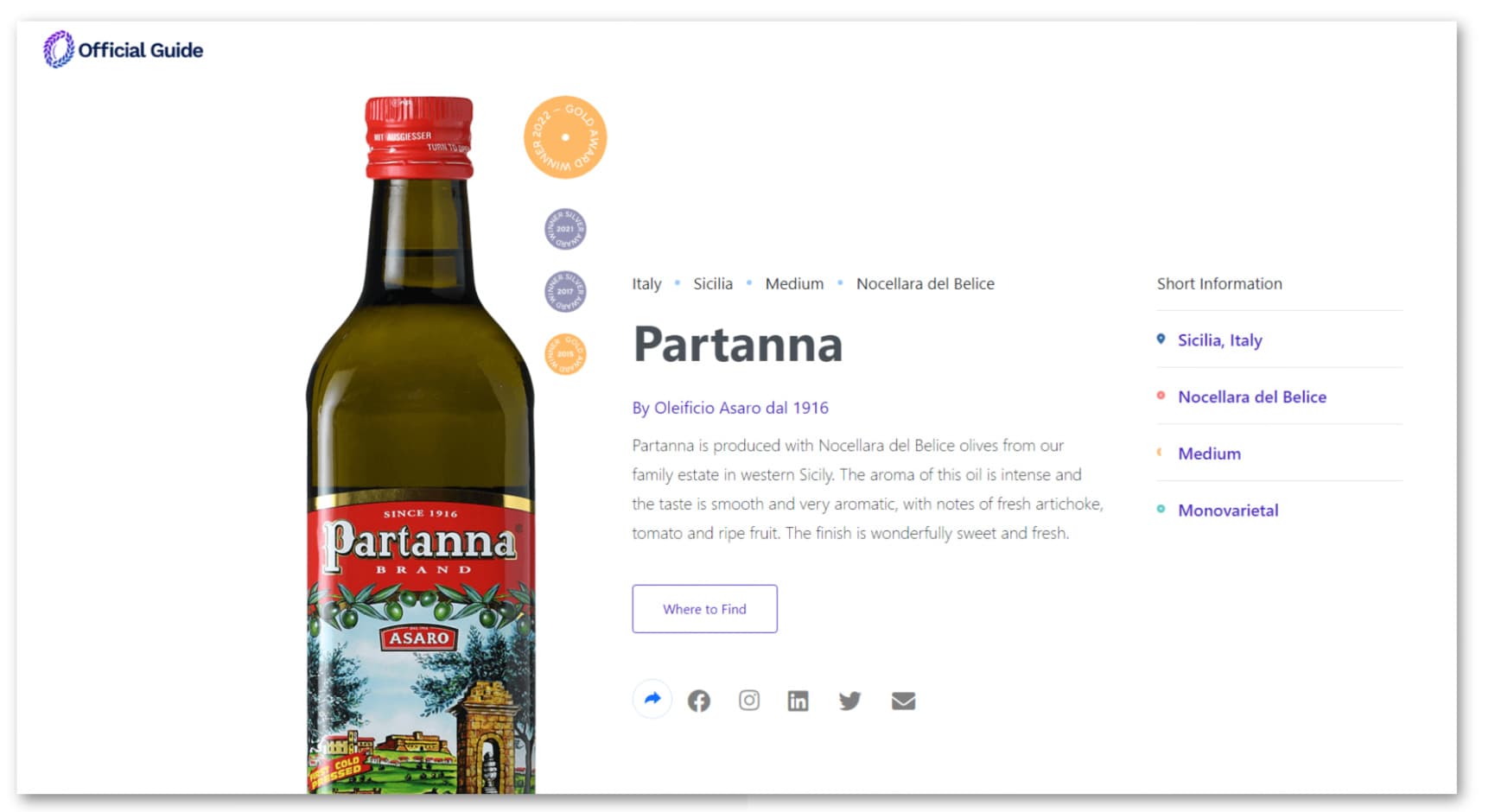 Partanna, proveedor de Starbucks, figura en la Guía Oficial de los Mejores Aceites de Oliva del Mundo.