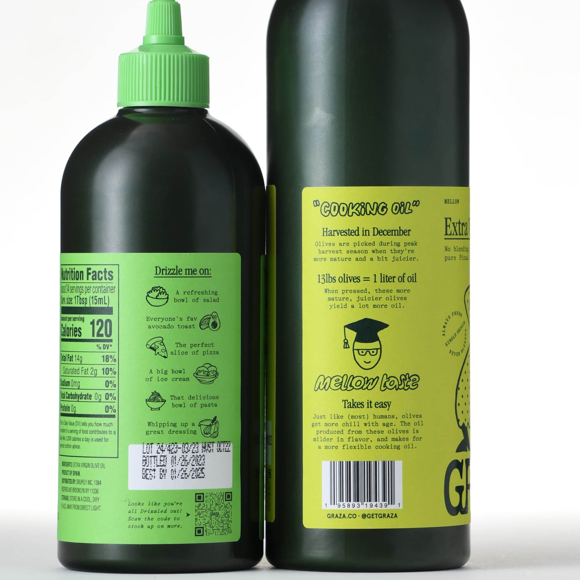 Two bottles of olive oil with bright green labels, detailing nutritional facts and usage instructions.