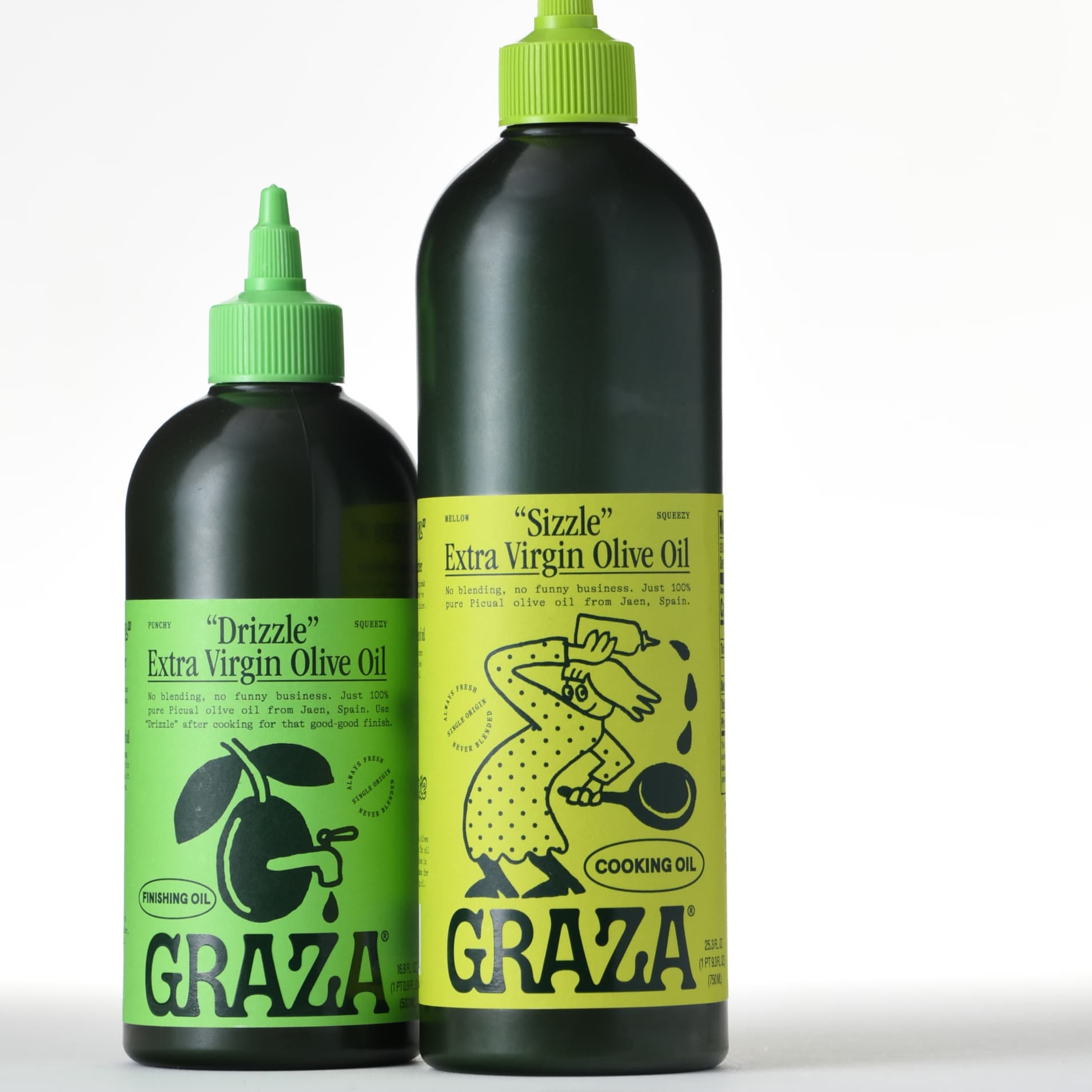 Two bottles of Graza brand extra virgin olive oil, labeled "Drizzle" and "Sizzle," on a white background.