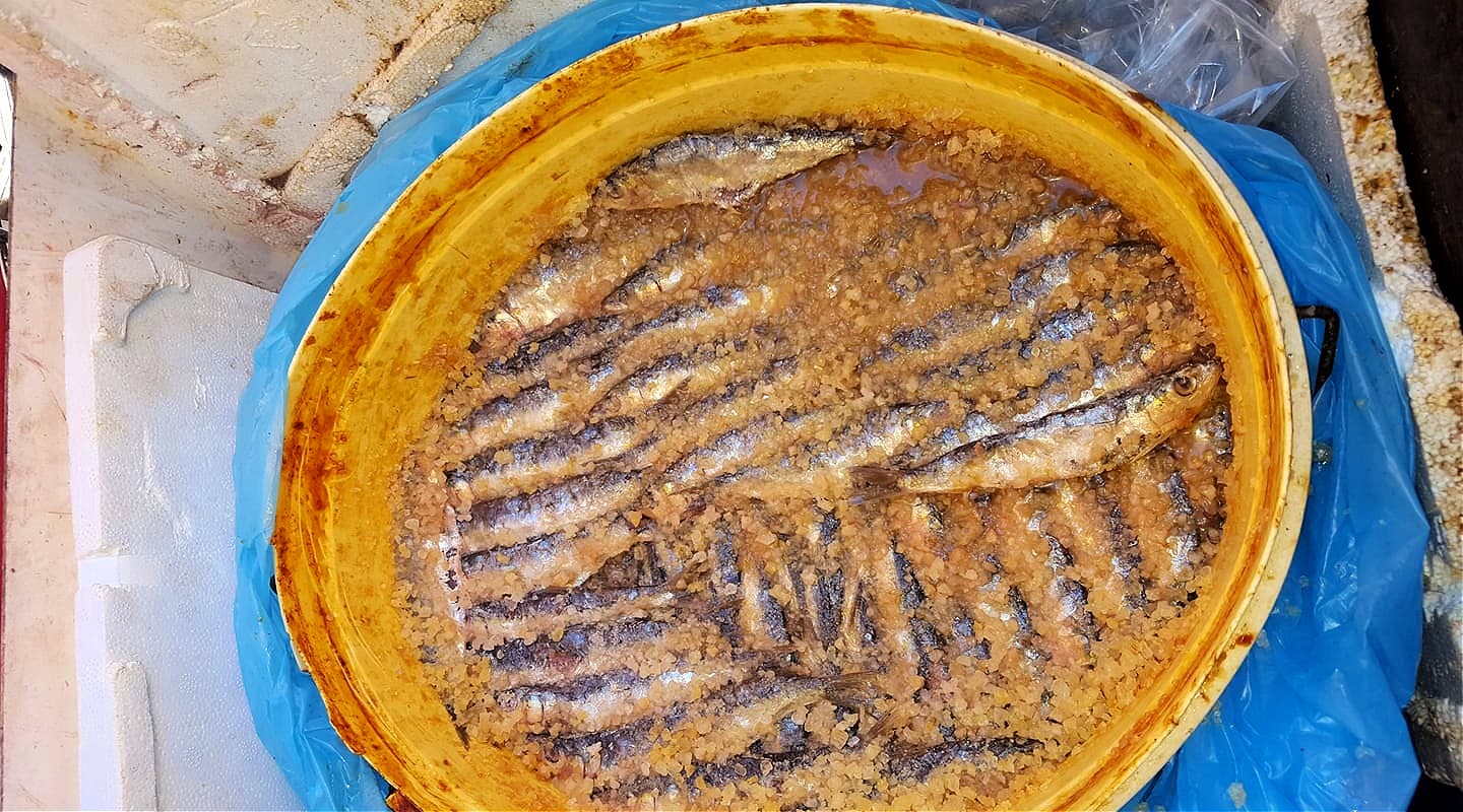 The preparation with salted sardines attracts olive flies.