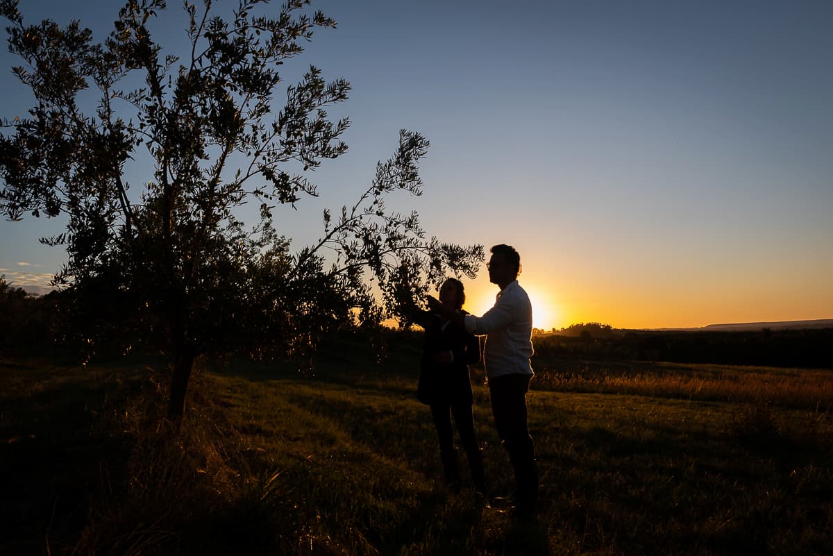Two people silhouetted against a sunset, standing by a tree in a grassy field.