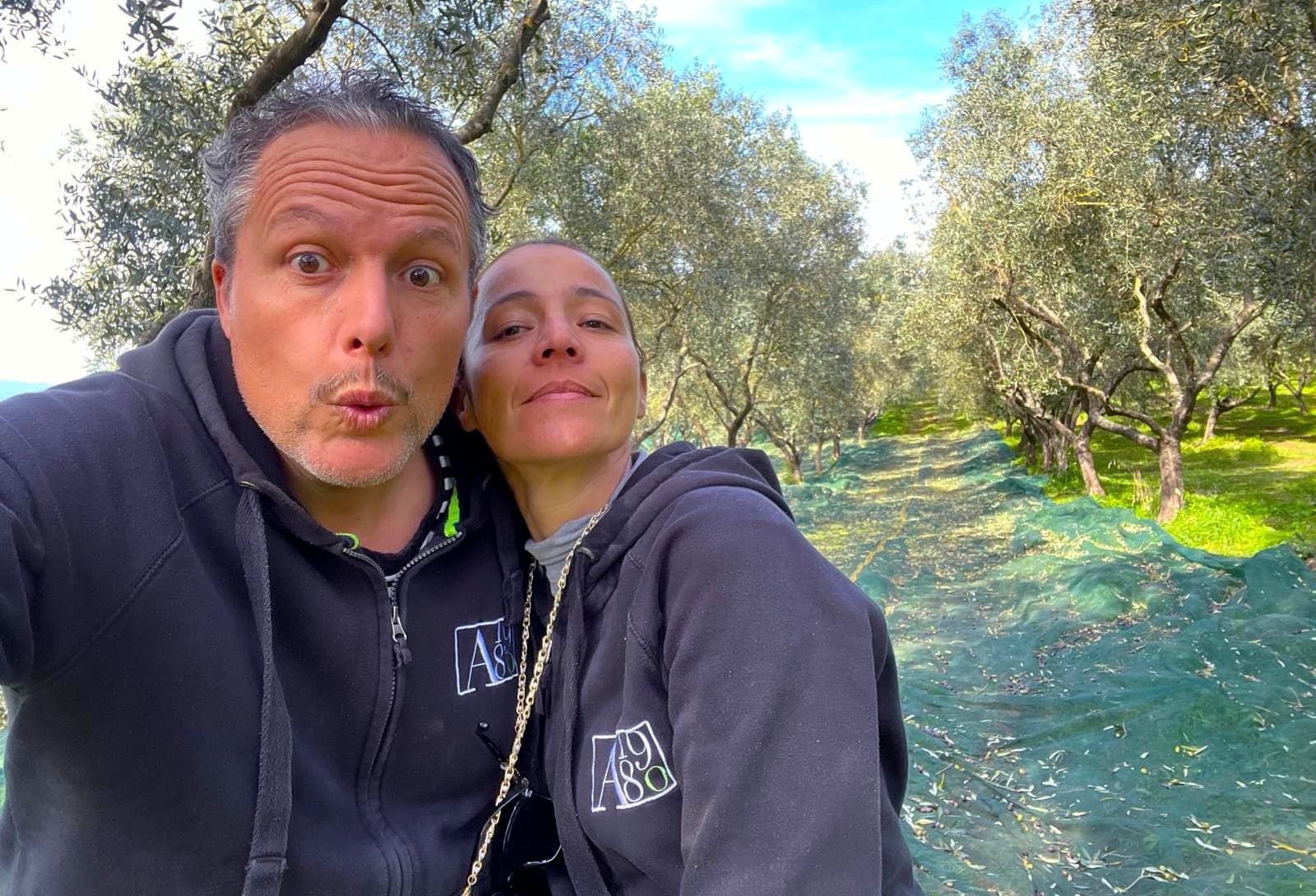 Alessandra Nicolai and husband Marco Crisostomi during harvest at their farm near Lake Bolsena