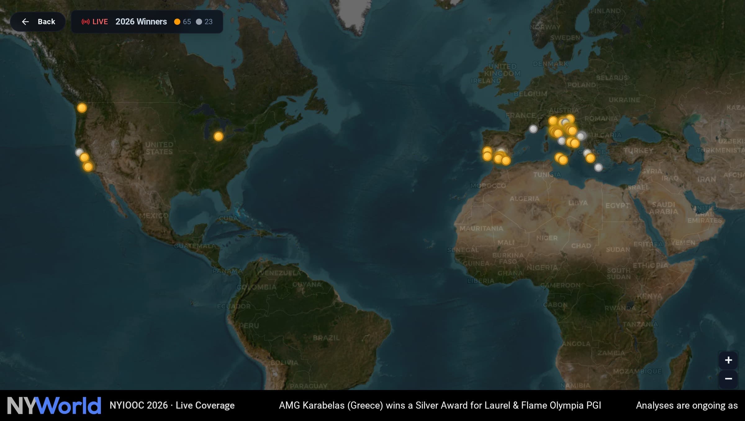 Live map of NYIOOC award-winning producers (Official Guide)