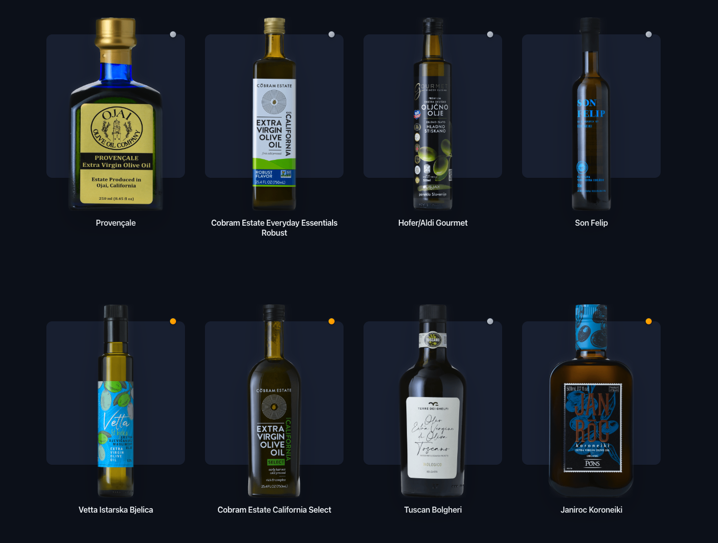Eight bottles of various olive oils displayed against a dark background, each featuring unique labels and branding.