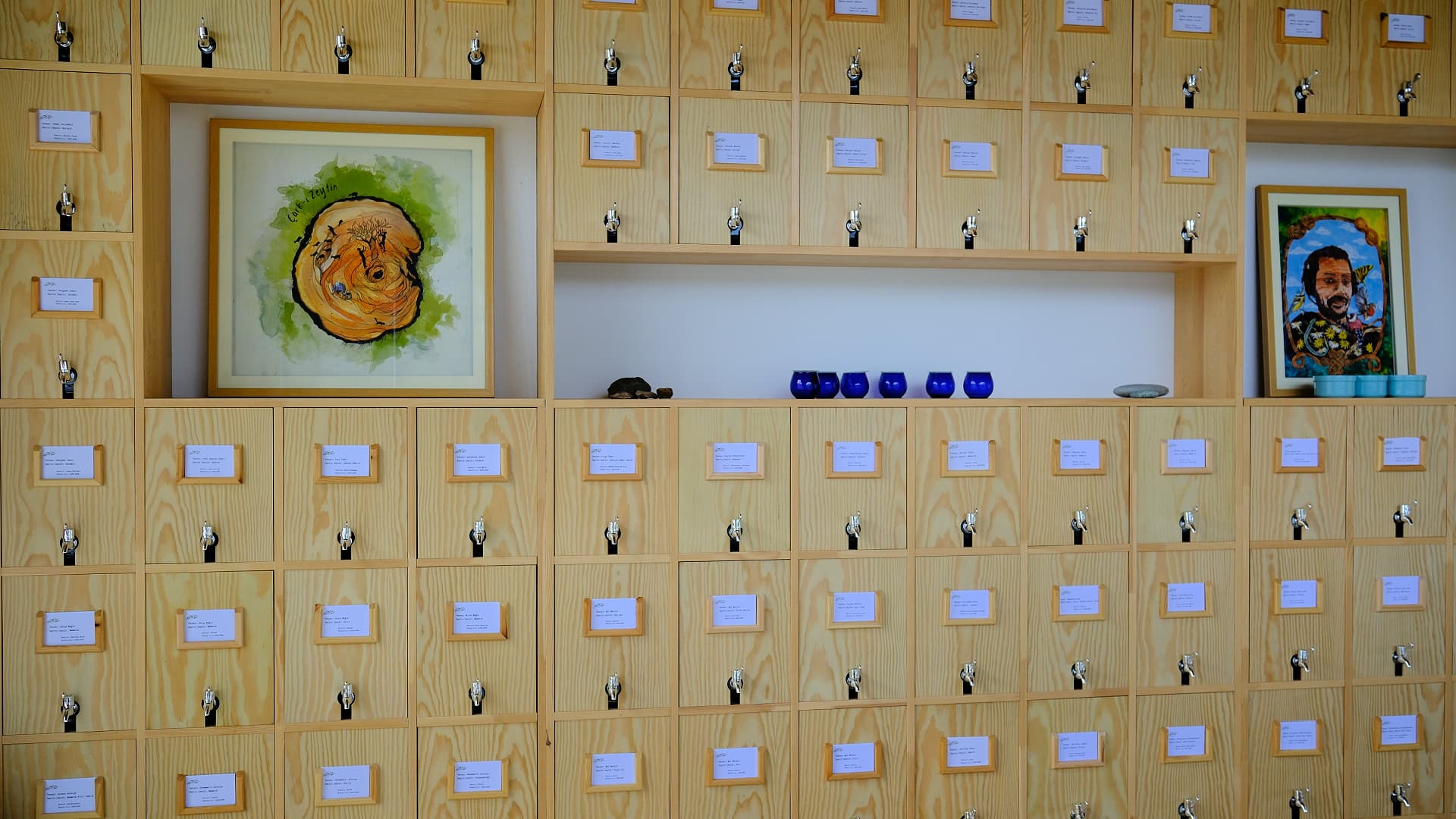 Shelves fitted with tasting taps at the Yücel Sönmez Olive Oil Library in Seferihisar display olive oils selected to highlight the diversity of Anatolian and international cultivars.