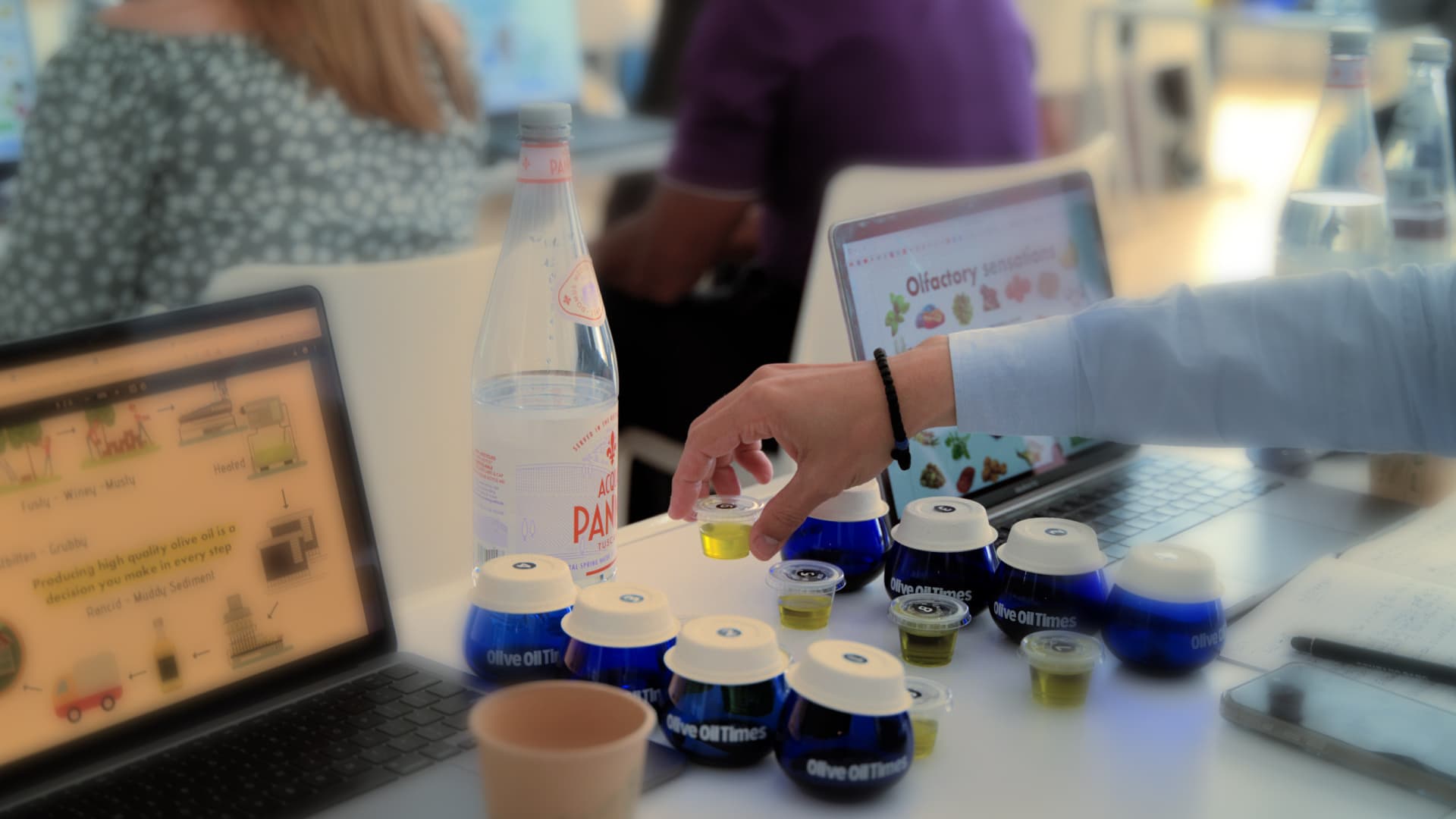 Participants compare olive oil samples during a sensory evaluation exercise at the Olive Oil Times Sommelier Certification Program in New York, where students learn how production decisions, cultivar characteristics and processing methods influence quality, aroma and flavor.