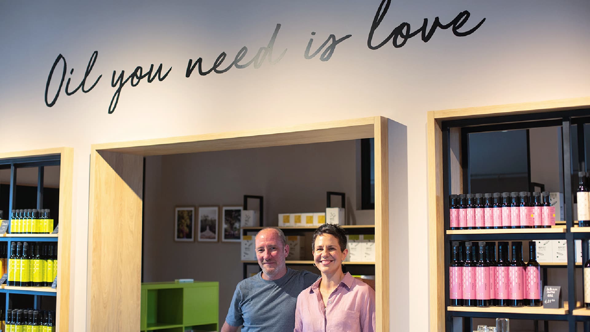 Lena Puhar O’Grady and Paul O’Grady at the Brist shop in Vodnjan, where the family welcomes visitors for guided tastings and introduces them to its award-winning extra virgin olive oils.