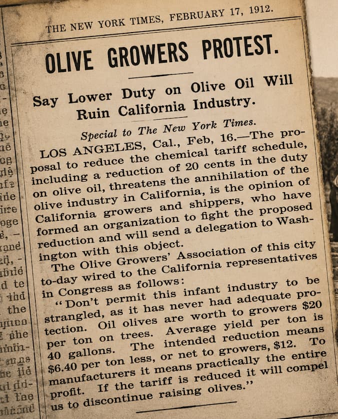 More than a century ago, California growers warned that cheaper imported olive oil would wipe out their young industry. It didn’t, but the imbalance they feared never went away. (Olive Oil Times illustration)