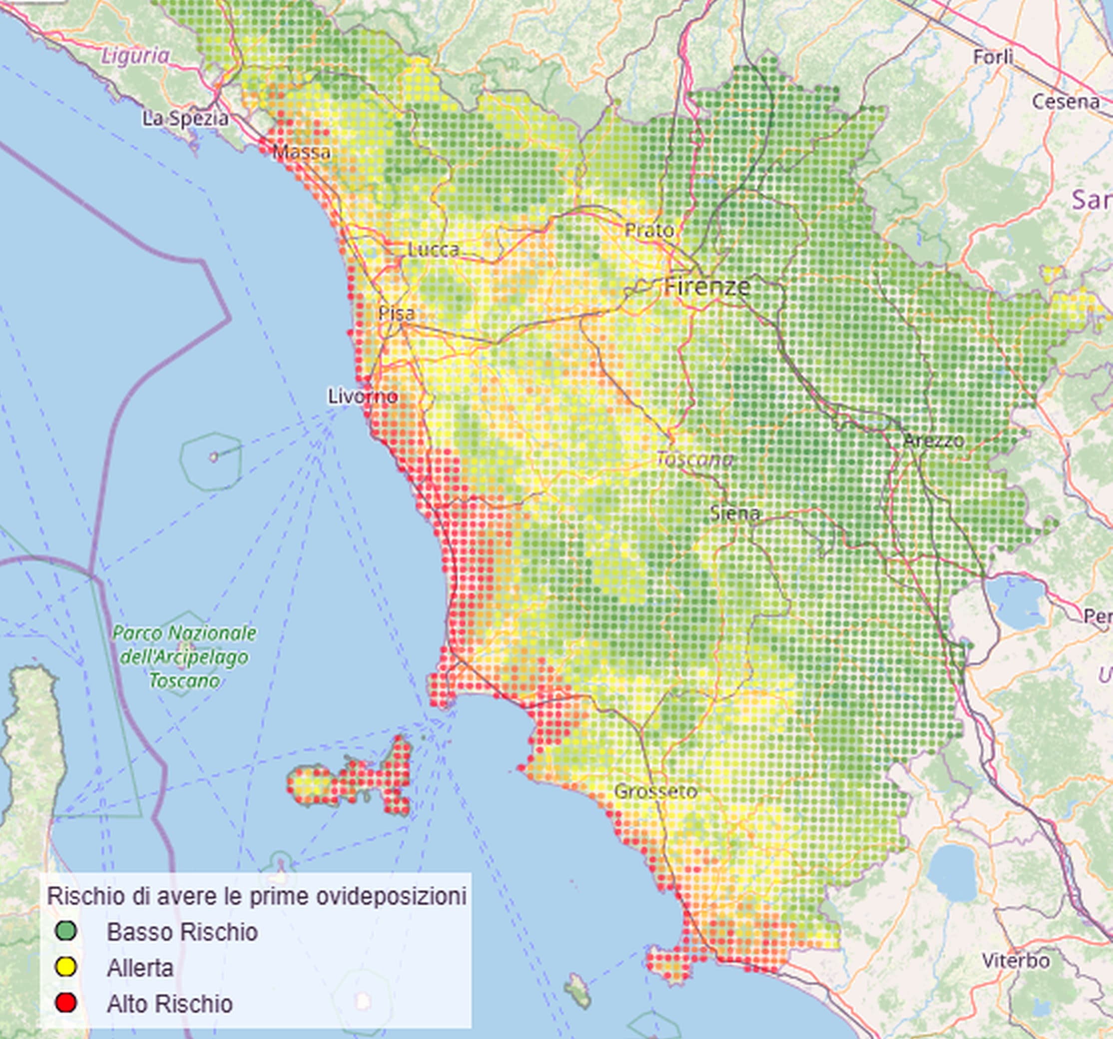 Modello predittivo generato tramite il sistema di monitoraggio del Servizio Fitosanitario della Regione Toscana