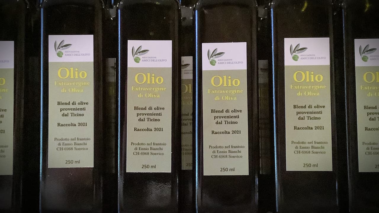 Rows of olive oil bottles labeled “Olio Extravergine di Oliva” from Ticino.